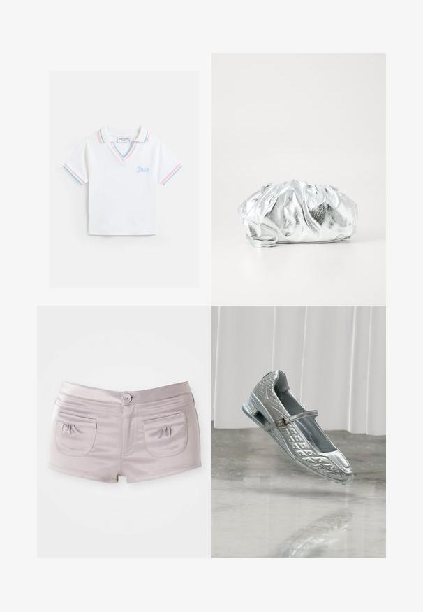 Polo blanc à manches courtes avec bordure rayée bleue et rose sur le col et les manches, col en V, et "Juicy" brodé en bleu sur la poitrine.; Shorts violet clair en tissu lisse et brillant, avec deux poches à l'arrière et une fermeture à bouton à l'avant avec une taille plate.; Chaussure Mary Jane argentée unique avec un design texturé et une bride à boucle, flottant au-dessus d'un sol réfléchissant avec des rideaux blancs en arrière-plan.; Pochette argent métallique avec un corps doux et froncé et une fine bandoulière. Présente une texture lisse et brillante ainsi qu'une forme arrondie.