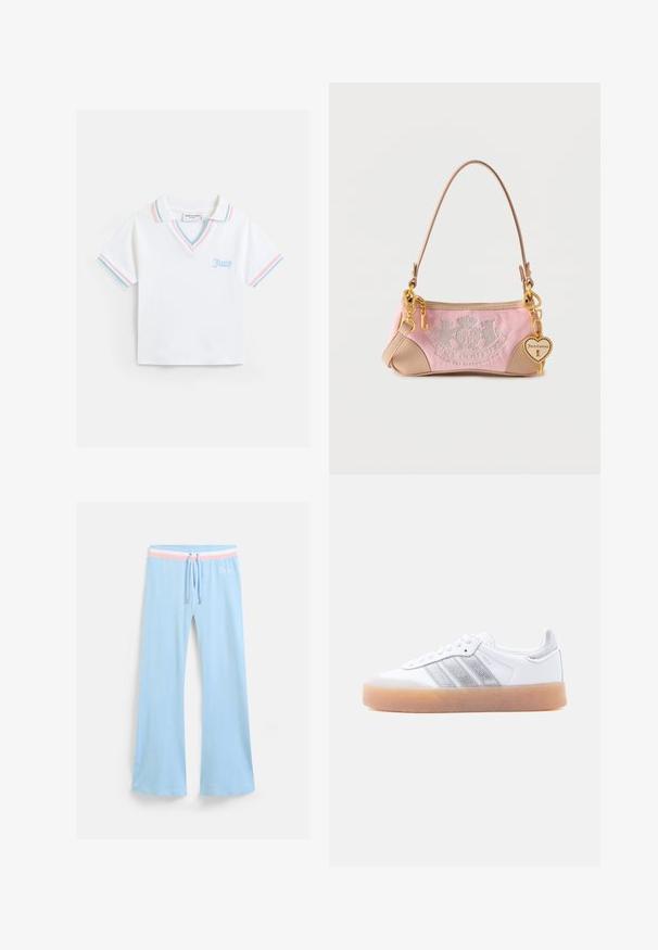 Weißes Poloshirt mit kurzen Ärmeln, blauen und pinken Streifen am Kragen und an den Ärmeln, V-Ausschnitt und "Juicy" in Blau auf der Brust gestickt.; Hellblaue, ausgestellte Jogginghosen mit einem Kordelzugbund. Mit einem rosa und weißen gestreiften Akzent sowie einem gestickten Logo. Weicher Stoff.; Weißer Sneaker in niedrigem Schnitt mit brauner Sohle, seitlichen silbernen Streifenakzenten und Schnürverschluss, dargestellt vor hellem einfarbigem Hintergrund.; Kleine rosa-beige Juicy Couture Handtasche mit dünnem Henkel, goldenem Schlüssel- und Herzanhänger sowie einem gestickten Logo auf der Vorderseite.