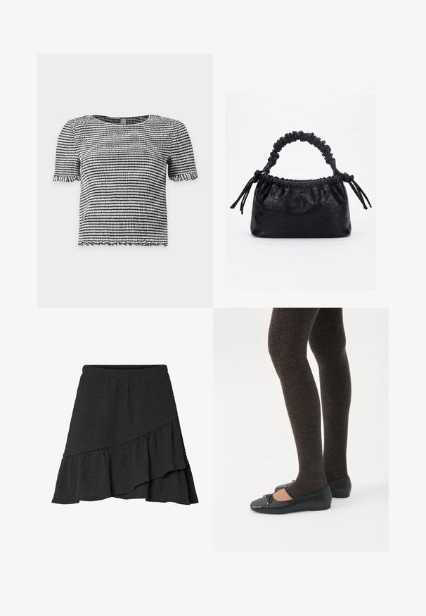 Haut à manches courtes rayé noir et blanc en tissu texturé smocké avec des bords volantés aux manches et à l’ourlet.; Jupe portefeuille noire à texture, avec ourlet asymétrique à volants et taille élastique.; Jambes portant des leggings côtelés foncés associés à des ballerines noires avec de petits détails en nœud sur fond blanc.; Sac à main noir avec texture crocodile, bord supérieur froncé, poignée plissée et pompons à cordon de chaque côté sur fond blanc.