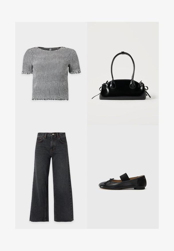 Haut à manches courtes rayé noir et blanc en tissu texturé smocké avec des bords volantés aux manches et à l’ourlet.; Jean en denim noir à jambes larges, taille haute, bouton sur le devant, fermeture éclair et cinq poches, présenté à plat sur fond blanc.; Ballerines en cuir noir avec un bout arrondi, un petit nœud décoratif et une lanière élastique sur le cou-de-pied pour un maintien sécurisé. Semelle plate.; Petit sac à main noir brillant avec deux longues anses et des détails à cordon sur les côtés sur un fond clair uni.