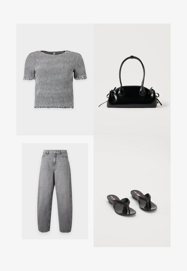Schwarz-weiß gestreiftes Kurzarm-Top aus strukturiertem, gerafftem Stoff mit Rüschen an Ärmeln und Saum.; Graue Jeans aus Denim mit hoher Taille und weiter Passform, vorne mit Knopf, Reißverschluss, Gürtelschlaufen und Fünf-Taschen-Design.; Melissa QUANTUM THONG X DIESEL - Zehentrenner - black; Kleine schwarze glänzende Handtasche mit zwei langen Griffen und seitlichen Kordelzug-Details vor einfachem hellem Hintergrund.