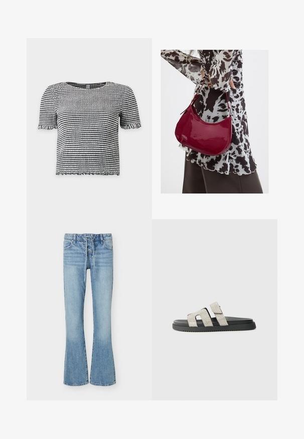 Haut à manches courtes rayé noir et blanc en tissu texturé smocké avec des bords volantés aux manches et à l’ourlet.; Jean flare en denim bleu clair avec fermeture à lacets sur le devant, cinq poches et passants de ceinture, présentant des détails délavés sur les cuisses et les genoux.; Sandale à semelle noire avec deux bandes verticales ornées de strass argentés, design plat, texture en caoutchouc et motif de semelle subtil.; Femme portant un chemisier à motif noir et blanc tenant un sac à main rouge brillant sur un fond uni.
