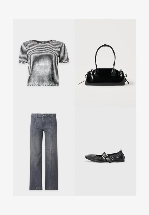 Sort og hvid stribet top med korte ærmer i tekstureret, smocket stof med flæsekant på ærmer og kant.; Grå straight-leg denim jeans med detalje ved frontsyning, bæltestropper og knaplukning på en ensartet lys baggrund.; Sorte læder flade sko med spids tå, samling detaljer omkring åbningen, og en sølv spænde accent på den justerbare rem.; Lille sort blank håndtaske med to lange håndtag og snøre-detaljer i siden på en ensfarvet lys baggrund.