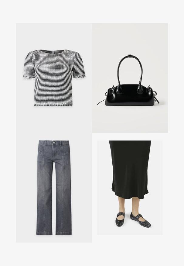 Sort og hvid stribet top med korte ærmer i tekstureret, smocket stof med flæsekant på ærmer og kant.; Grå straight-leg denim jeans med detalje ved frontsyning, bæltestropper og knaplukning på en ensartet lys baggrund.; Sorte lædersko med rund tå, enkelt rem og spænde, med nitterdetaljer, iført med en sort ankellang kjole.; Lille sort blank håndtaske med to lange håndtag og snøre-detaljer i siden på en ensfarvet lys baggrund.
