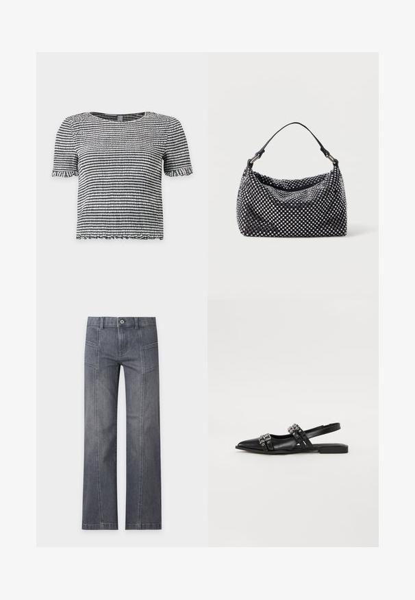 Sort og hvid stribet top med korte ærmer i tekstureret, smocket stof med flæsekant på ærmer og kant.; Grå straight-leg denim jeans med detalje ved frontsyning, bæltestropper og knaplukning på en ensartet lys baggrund.; Even&Odd by Zalando Slingback-ballerinasko - black; Sort og sølv håndtaske med en vævet, struktureret overflade med firkantede mønstre, en enkel top håndtag og et slasket design.