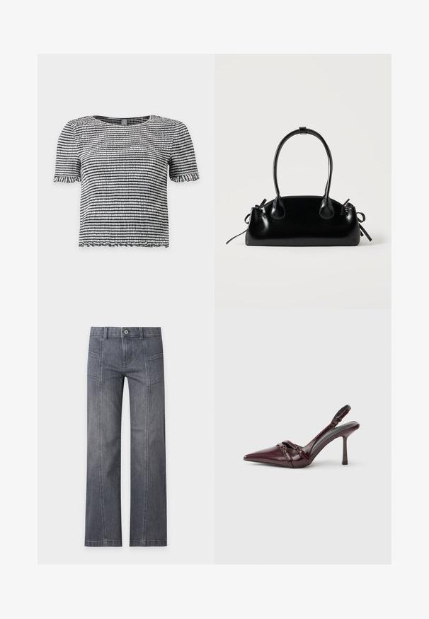 Haut à manches courtes rayé noir et blanc en tissu texturé smocké avec des bords volantés aux manches et à l’ourlet.; Jean droit gris en denim avec détails sur la couture avant, passants de ceinture et fermeture par bouton sur un fond clair uni.; Escarpin slingback en cuir verni bordeaux avec bout pointu, fine bride à la cheville et petit détail décoratif de boucle. Texture lisse et talon haut.; Petit sac à main noir brillant avec deux longues anses et des détails à cordon sur les côtés sur un fond clair uni.