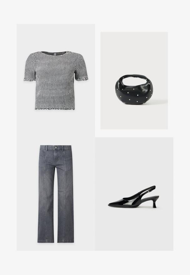 Sort og hvid stribet top med korte ærmer i tekstureret, smocket stof med flæsekant på ærmer og kant.; Grå straight-leg denim jeans med detalje ved frontsyning, bæltestropper og knaplukning på en ensartet lys baggrund.; Sorte patenterede slingback-sko med spidse tæer og lav blokhæl. Justerbar spænde-rem ved anklen.; Sort læderhåndtaske med en rundet form, dekoreret med sølvnitter, og et kort håndtag. Glat tekstur og lynlåslukning.