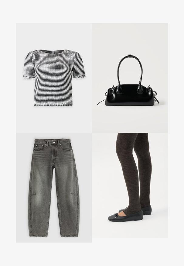 Sort og hvid stribet top med korte ærmer i tekstureret, smocket stof med flæsekant på ærmer og kant.; Højtaljede gråvaskede denimjeans med fem lommer, knaplukning og en afslappet lige pasform.; Ben iført mørke ribbede leggings kombineret med sorte balletsko med små sløjfedetaljer på hvid baggrund.; Lille sort blank håndtaske med to lange håndtag og snøre-detaljer i siden på en ensfarvet lys baggrund.