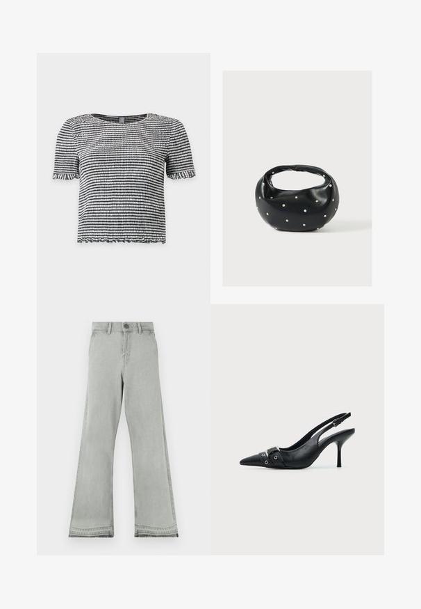 Haut à manches courtes rayé noir et blanc en tissu texturé smocké avec des bords volantés aux manches et à l’ourlet.; Jean évasé gris clair en denim, doté d'une fermeture par bouton, d'une ceinture droite et d'une texture légèrement usée aux ourlets.; Escarpin slingback à talon haut en cuir noir avec bout pointu, boucle et détail de bride œillet à l'avant.; Sac à main en cuir noir de forme arrondie, décoré de clous argentés et équipé d'une poignée courte. Texture lisse et fermeture éclair.