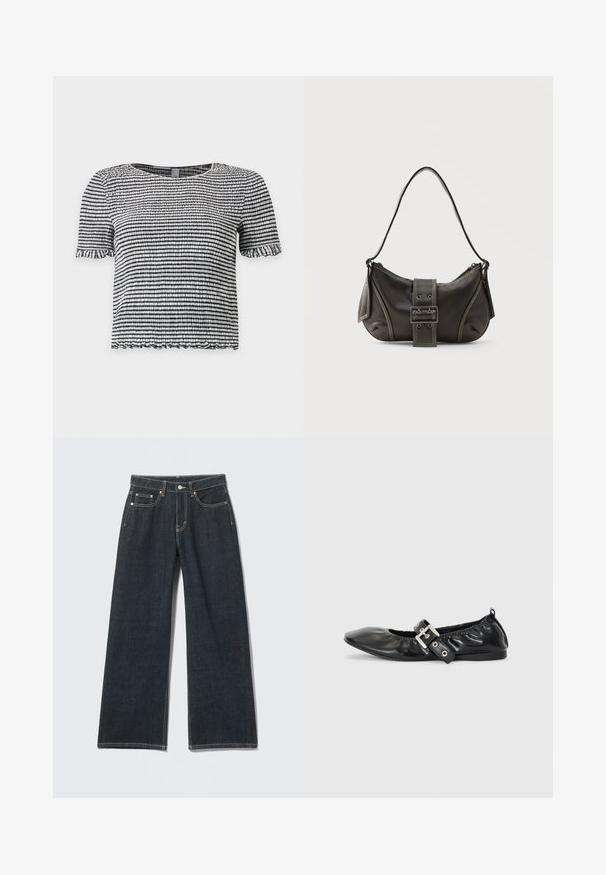 Sort og hvid stribet top med korte ærmer i tekstureret, smocket stof med flæsekant på ærmer og kant.; Mørkeblå jeans med vide ben, foran med knapper, lynlås, bæltestropper og fem-lomme detalje på en ensfarvet lys baggrund.; Sorte læder flade sko med spids tå, samling detaljer omkring åbningen, og en sølv spænde accent på den justerbare rem.; Sort læder skuldertaske med spænde på remmen, afrundede kanter og kontrasterende hvide syninger på en ensfarvet baggrund.