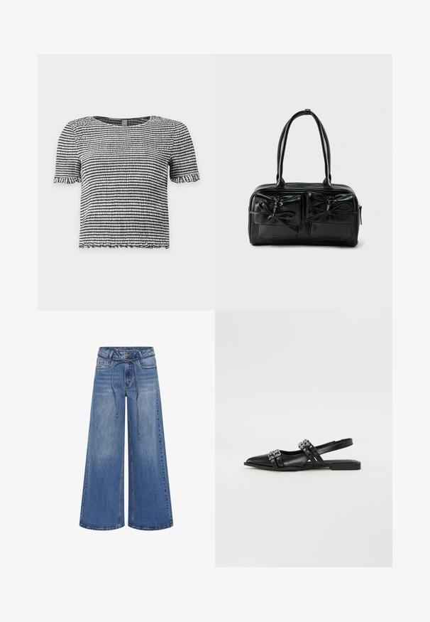 Zwart-wit gestreept topje met korte mouwen, gemaakt van een gestructureerde, geplooide stof met gerimpelde randen aan de mouwen en zoom.; My Essential Wardrobe MWKARO 144 MID XWIDE - Wide leg - medium blue wash; Even&Odd by Zalando Slingback ballerina´s - black; Zwarte leren handtas met twee voorvakjes en strikaccenten, voorzien van stevige handvatten en een gestructureerde rechthoekige vorm.