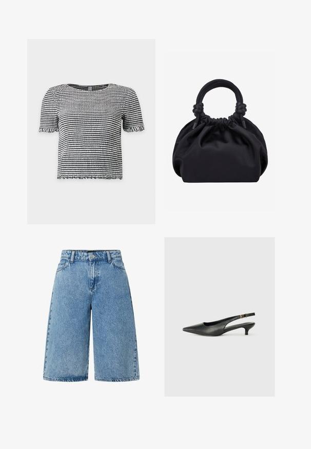 Top de manga corta a rayas blancas y negras con tejido texturizado fruncido y bordes con volantes en las mangas y el dobladillo.; Pantalones cortos de mezclilla en azul claro, con un diseño de corte amplio, estilo estándar de cinco bolsillos y una tela texturizada con un acabado desgastado.; Zapato de tacón slingback negro de punta afilada, hecho de cuero suave. Presenta un tacón delgado y un detalle de hebilla en la correa ajustable.; Bolso de mano de tela negra suave con parte superior fruncida y asas acolchadas circulares atadas con nudos a cada lado.