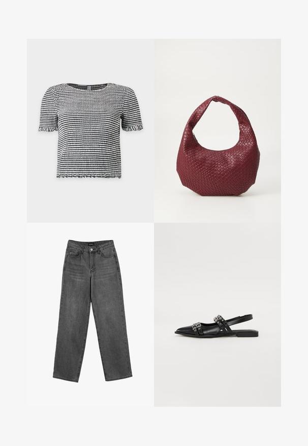 Zwart-wit gestreept topje met korte mouwen, gemaakt van een gestructureerde, geplooide stof met gerimpelde randen aan de mouwen en zoom.; Zwarte high-waisted straight-leg jeans met een knoop aan de voorkant en zakken, weergegeven op een witte achtergrond.; Even&Odd by Zalando Slingback ballerina´s - black; Geweven bordeaux handtas met een afgeronde silhouet, een enkele handgreep en een gestructureerde afwerking. Ritssluiting aan de bovenkant.