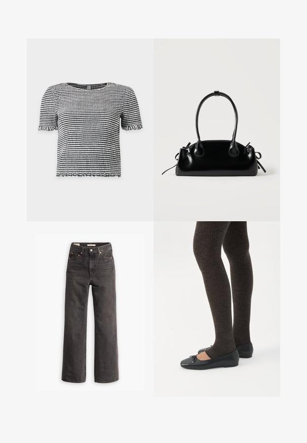 Top de manga corta a rayas blancas y negras con tejido texturizado fruncido y bordes con volantes en las mangas y el dobladillo.; Jeans de tiro alto y pierna ancha en denim gris oscuro, con bolsillos frontales, remaches de cobre en contraste y un acabado limpio sin adornos.; Piernas con leggings oscuros acanalados combinados con bailarinas negras que presentan pequeños detalles de lazo sobre un fondo blanco.; Pequeño bolso negro brillante con dos asas largas y detalles de cordón lateral sobre un fondo claro liso.