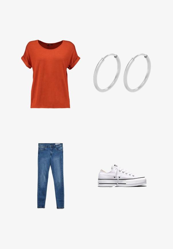 ONLY ONLMOSTER S/S O-NECK TOP NOOS JRS - Camiseta básica - picante; Vaqueros de mezclilla azul oscuro con un ajuste clásico skinny. Incluyen cinco bolsillos, cremallera y un sutil efecto de desgaste para dar textura.; Zapatilla baja de lona blanca con cordones blancos, rayas negras en la suela y puntera de goma texturizada, vista lateral sobre fondo blanco.; Pendientes de aro de plata, forma circular, textura lisa y brillante, y ancho constante en toda su extensión. Diseño minimalista sin acentos adicionales.