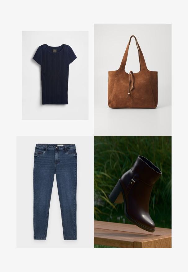 Tumesinine soonikkoes lühikeste varrukatega särk ümmarguse kaelusega. Vertikaalne muster on tekstureeritud soonikutega. Sildil on kirjas "GAP".; Tumedatest sinised denim püksid slim-fit lõikega, viie taskuga disain ja kuldne õmblus. Omab luku ja nööbi sulgemist. Sile tekstuur.; Tumepruun nahast pahkluuking kõrge pakse kontsaga puidust pinnal, hägus roheline lehestik taustal.; Pruun nahast kott kahe pika sangaga, nööriga sulgemine ja sile tekstuur. Omab lihtsat disaini ja minimaalset dekoreerimist.