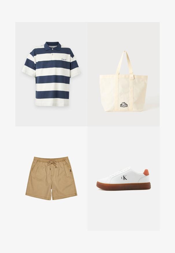 Polo de manga corta con rayas horizontales en azul marino y blanco, cuello y tapeta con dos botones, con pequeño nombre de la marca bordado en el pecho.; Pantalones cortos de algodón beige con cintura elástica y cordón, que cuentan con bolsillos laterales y un ajuste relajado. Textura simple y suave sin patrones.; Zapatilla blanca de corte bajo con suela marrón, lengüeta naranja en el talón, cordones y logo "cK" en el lateral.; Bolso tote beige de Lacoste con dos asas y un parche con el logo de un cocodrilo en blanco y negro en el centro frontal.
