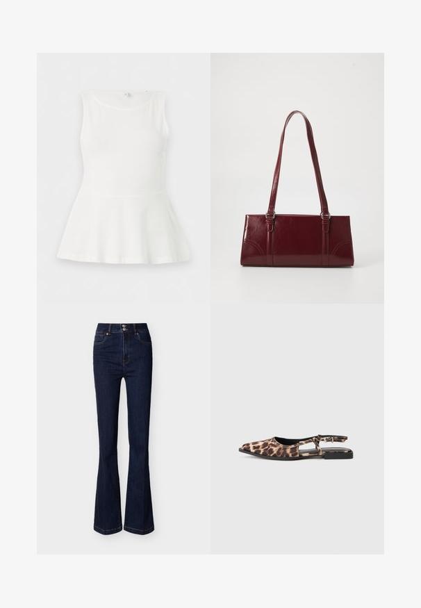Haut blanc sans manches avec basque, encolure ronde et taille cintrée, présenté à plat sur un fond blanc uni.; Jean en denim bleu foncé taille haute avec jambes évasées, poches avant et fermeture à double bouton à la taille.; Ballerine à enfiler en imprimé léopard, avec un bout pointu, des côtés ouverts et un petit talon noir. Le matériau semble lisse avec un léger éclat.; Sac à main bordeaux en matériau brillant, de forme rectangulaire, avec deux anses et des accents légèrement courbés à l'avant.