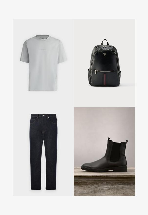 Lichtgrijs T-shirt met korte mouwen, ronde hals en het reliëflogo "Calvin Klein" gecentreerd op de borst.; Donkerblauwe denim jeans met een recht model, voorzien van vijf zakken, contrasterende oranje stiksels en een knoopsluiting bij de taille.; Zwarte rubberen Chelsea-boot met een gladde afwerking, elastische zijpanelen en trekbanden, met een lage hak en stevige zool.; Zwart leren rugzak met een gebogen design, voorzien van zilverkleurige ritsen, een voorvak met een bordeauxrode streep en een bovenhandvat om te dragen.