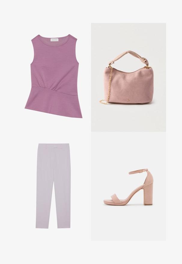 Haut lilas sans manches avec décolleté rond et détail froncé à la taille, s'évasant légèrement à l'ourlet.; Pantalons violet clair en tissu lisse, dotés d'une coupe ajustée, de passants de ceinture et d'une coupe droite.; Sandale à talon haut en daim rose avec un talon bloc, bout ouvert et bride de cheville avec une détail de boucle en or. Bande avant plate.; Sac à main en daim rose doux avec poignée nouée, fermeture éclair dorée et détail de sangle chaîne dorée sur fond clair.