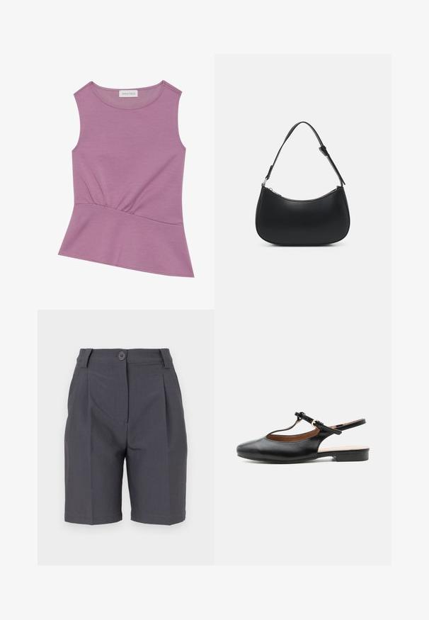 Haut lilas sans manches avec décolleté rond et détail froncé à la taille, s'évasant légèrement à l'ourlet.; Shorts taillés gris avec des plis, fermeture à bouton et poches latérales. Fabriqués en tissu lisse et léger avec une coupe structurée.; Chaussure plate slingback en cuir noir avec bride en T et boucle dorée sur fond neutre.; Pieces PCALUANA SHOULDER BAG - Sac à main - black
