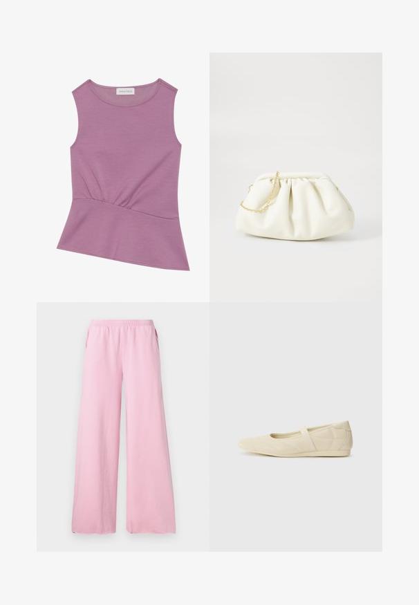 Mouwloze lila top met ronde halslijn en geplooide details bij de taille, die iets uitloopt bij de zoom.; Roze wijde broek gemaakt van zachte stof met een elastische tailleband en zijzakken. Heeft een recht, vloeiend model.; Beige ballerina's met een gladde leren buitenkant, amandelvormige punt en elastische band over de wreef, met subtiele stiksels.; Witte leren handtas met een geassembleerd ontwerp, voorzien van een gouden kettingband en een ronde vorm. Gladde textuur met zachte plooien en geen patronen.