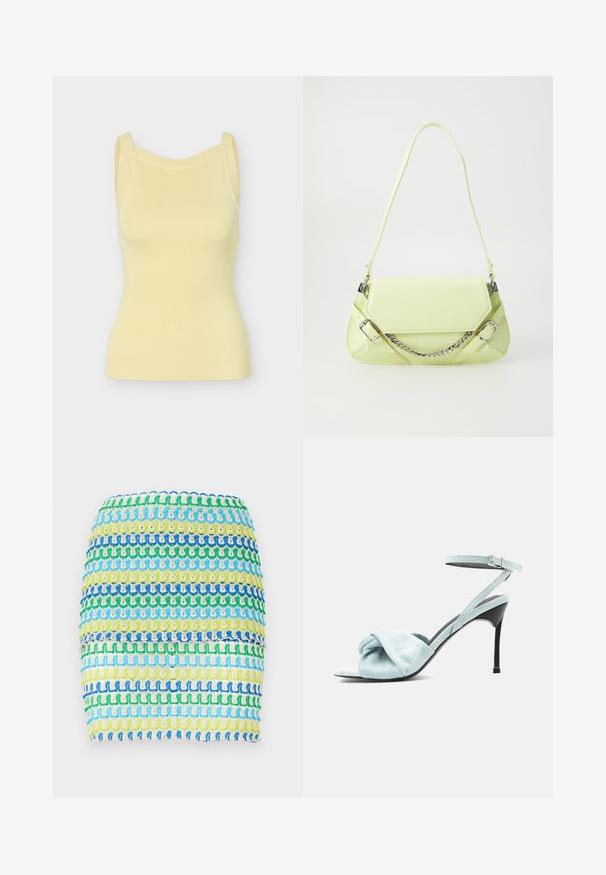 Débardeur en maille côtelée sans manches de couleur jaune pâle avec de larges bretelles et un décolleté légèrement arrondi.; Mini-jupe en textile avec des rayures horizontales bleues, vertes et jaunes. Le design présente une apparence tissée et texturée avec un effet superposé.; Sandale à talon haut en daim bleu clair avec bride frontale nouée et fine bride de cheville à boucle sur un talon aiguille noir.; Sac à main synthétique vert lime avec une texture lisse, une bandoulière en chaîne détachable et des boucles décoratives ; forme rectangulaire avec des côtés effilés.
