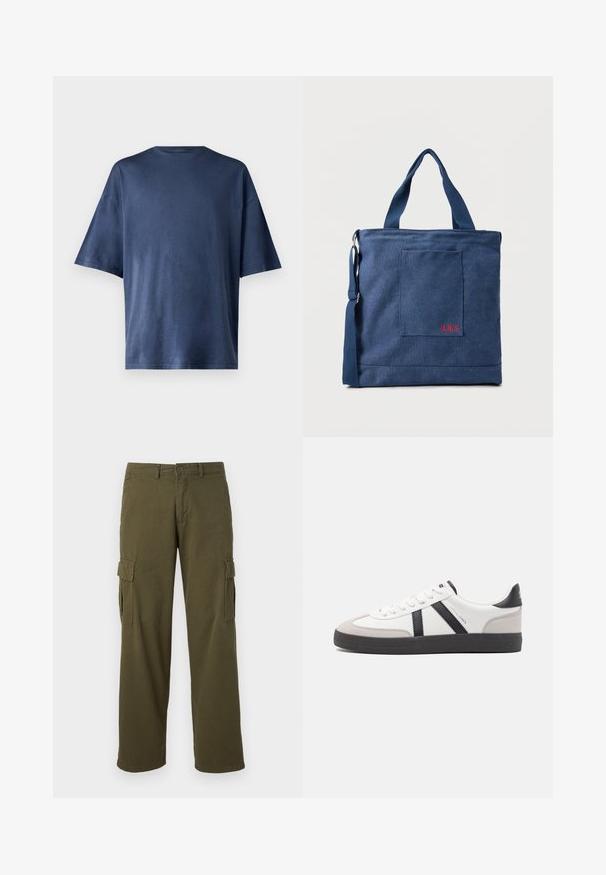 Camiseta de manga corta azul marino, hecha de una tela suave, con un cuello redondo clásico y un corte relajado, sin patrones ni acentos visibles.; Pantalones cargo verde oliva con un diseño de pierna recta, que cuentan con bolsillos laterales, cierre de botón y una textura de tela duradera.; Zapatilla blanca con acentos en negro y gris, que presenta una puntera texturizada en gris, suela de goma negra y cordones planos blancos. Diseño limpio, estilo minimalista.; Bolso tote de lona azul con bolsillo frontal y bordado rojo "O.N.S", con asas dobles y una correa ajustable para el hombro.