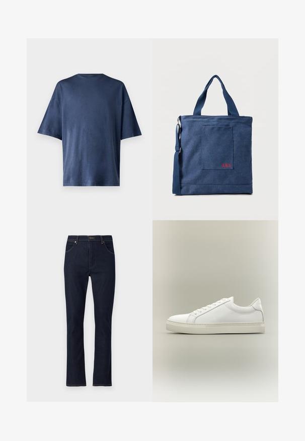 Marineblå kortærmet T-shirt, lavet af blødt stof, har en klassisk rund hals og løs pasform, uden synlige mønstre eller accenter.; Mørkeblå straight-leg denim jeans med forlommer, bæltestropper og knaplukning.; Hvid lavtop sneaker med snørebånd foran og tyk sål, vist fra siden mod en neutral baggrund.; Blå lærredstote taske med frontlomme og rød "O.N.S" broderi, med to håndtag og en justerbar skulderrem.