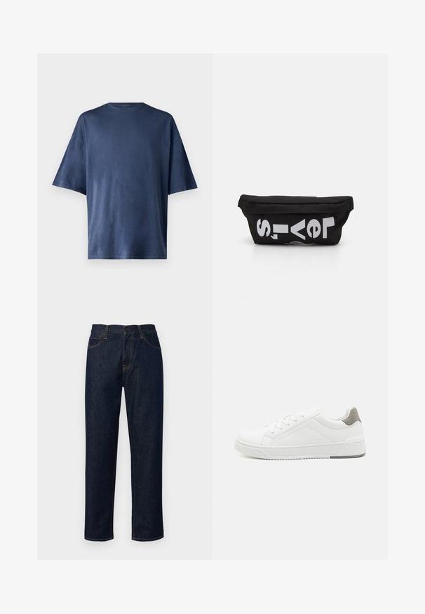 Marineblaue Kurzarm-T-Shirt aus weichem Stoff, mit klassischen Rundhalsausschnitt und lockerer Passform, ohne sichtbare Muster oder Akzente.; Dunkelblaue Jeans aus Denim, mit geradem Bein, mittelhoher Taille, orangen Nähten und einem klassischen Fünf-Taschen-Design.; Weißer Sneaker aus glattem Leder, runde Zehenpartie, minimalistisches Design, graue Fersenkante und strukturierte Gummisohle.; Schwarze Stofftasche mit flacher Form, mit fettgedrucktem weißen Text. Der Reißverschluss befindet sich oben, mit einer Schlaufe an einer Seite.