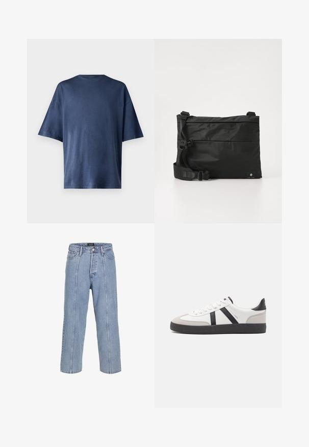 Marineblå kortærmet T-shirt, lavet af blødt stof, har en klassisk rund hals og løs pasform, uden synlige mønstre eller accenter.; Lysblå denimjeans med løs pasform, brede ben og synlige syninger. Har knap- og lynlåslukning samt fem lommer.; Hvide sneakers med sorte og grå detaljer, med en tekstureret grå tåhætte, sort gummisål og flade hvide snørebånd. Rent design, minimalistisk stil.; Sort nylon messenger-taske med justerbar rem, fladt design og et sideetiket med et logo. Glat tekstur og minimalistisk stil.