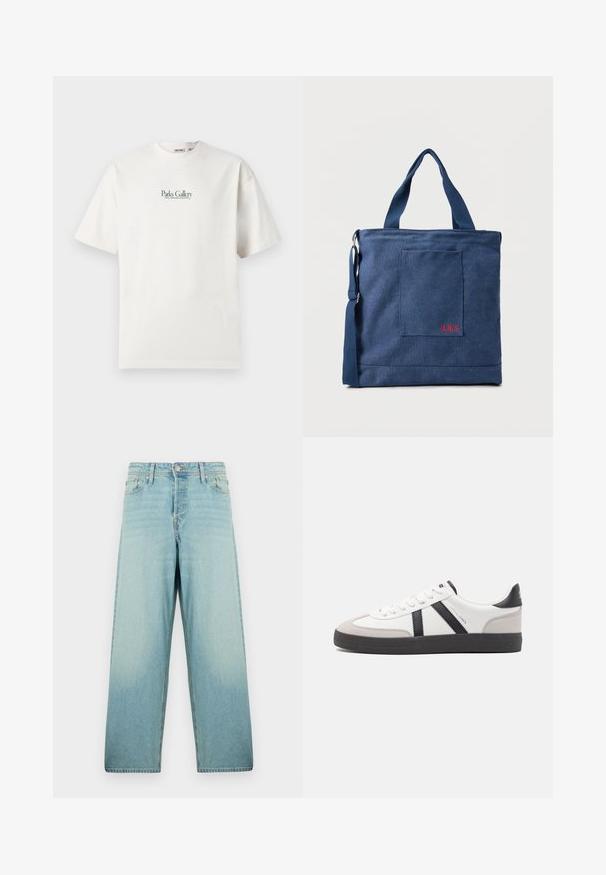 Witte t-shirt met korte mouwen en groene tekst "Parks Gallery Local Creators Collective" gecentreerd op de borst, weergegeven op een effen achtergrond.; Lichtblauwe wijde denim jeans met een vervaagde was. Voorzien van een voorste knoopsluiting en een vijf-pocketontwerp.; Witte sneaker met zwarte en grijze accenten, voorzien van een grijze neus met textuur, zwarte rubberen zool en platte witte veters. Schoon ontwerp, minimalistische stijl.; Blauwe canvas tas met voorvak en rode "O.N.S" borduring, voorzien van dubbele handvatten en een verstelbare schouderriem.
