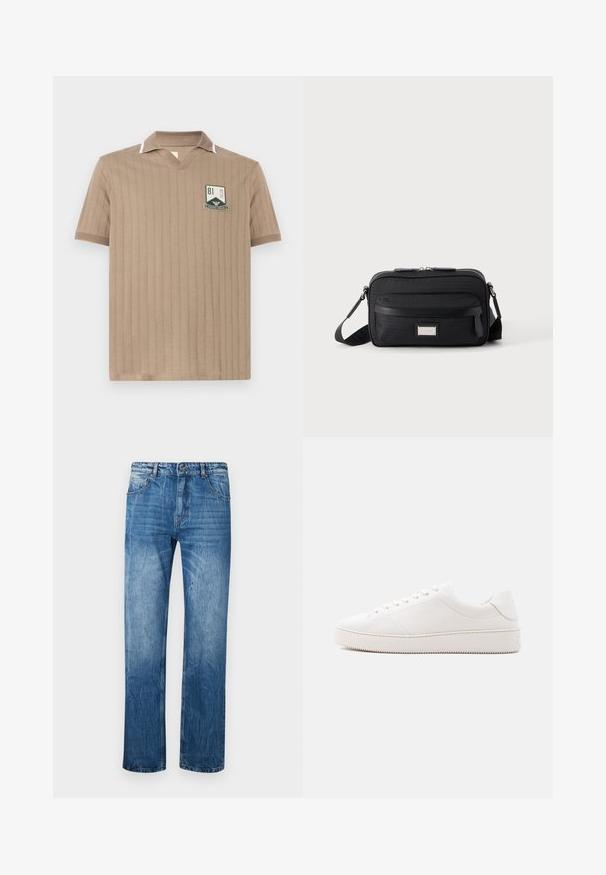 Beige polo i kortærmet med ribbet struktur, åben krave med hvid kant og et grønt og hvidt "81 Club Emporio Armani" patch på brystet.; Blå denim jeans med lige fit, der har fem lommer, bæltestropper og subtilt slid på stoffet.; Hvid lædersneaker med en glat overflade, rund tå, seks-huls snørebånd og en struktureret gummisål. Minimalistisk design uden mønstre.; Sort rektangulær crossbody-taske med front lynlåslomme, justerbar rem og sølv rektangulært logo mærke på ensfarvet baggrund.
