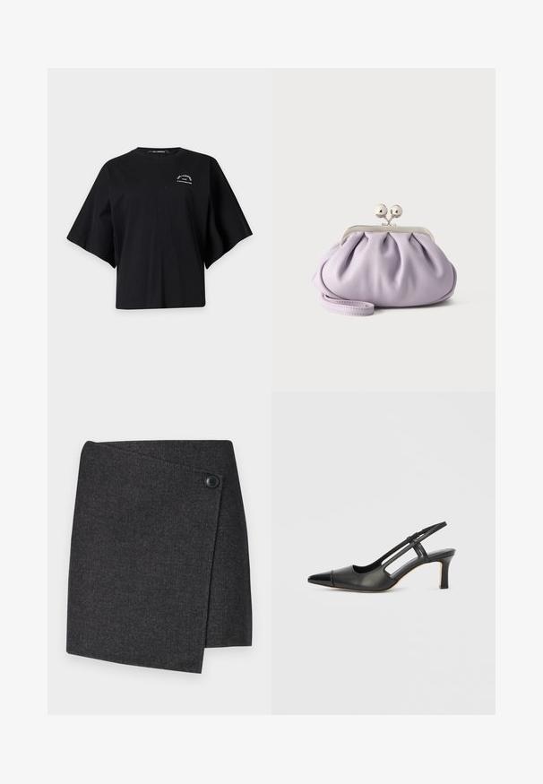 Sort t-shirt med korte ærmer og løs pasform med lille hvid "Karl Lagerfeld Paris" tekst på øverste venstre brystområde.; Mørkegrå indpakningsnederdel lavet af tekstureret stof, med knaplukning på venstre side og en asymmetrisk kant.; Sort læder slingback-sko med spids tå, der har en blank accent på tåhætten og en mellemhøj hæl. Åben sidesektion.; Blød lavendel clutch med opsamlet stof, sølv kiss-lock lås og matchende håndledsrem på en ensfarvet lys baggrund.