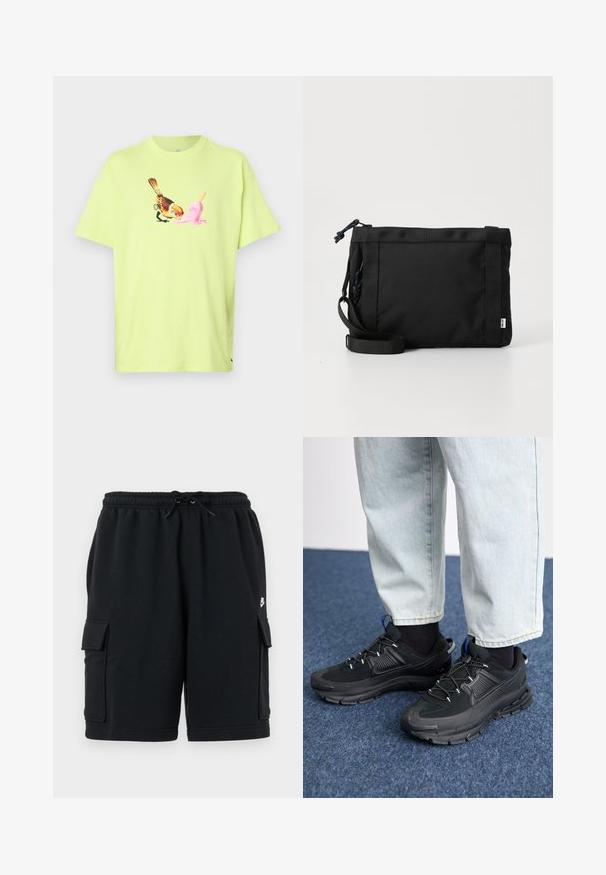 T-shirt en coton vert lime présentant un graphique d'un oiseau et d'un cornet de glace rose, avec un col rond simple et des manches courtes.; Shorts cargo en coton noir avec une taille élastique et un cordon de serrage, présentant deux poches latérales et un petit logo en accent.; Des chaussures de sport noires avec un tissu texturé et des semelles en caoutchouc, dotées de lacets élastiques et d'un accent bleu au talon. Portées avec un pantalon en denim clair.; Sac à épaule en tissu noir avec un extérieur texturé, une sangle ajustable et une fermeture à cordon. Il présente des coutures audacieuses et une étiquette sur le côté.