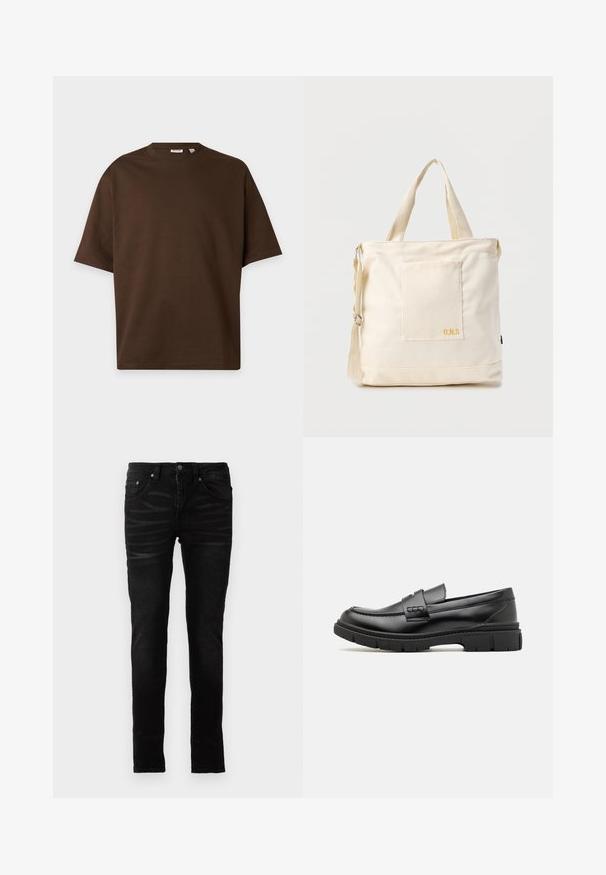 Einfarbig braunes T-Shirt mit kurzen Ärmeln und Rundhalsausschnitt, dargestellt auf einem flachen, hellgrauen Hintergrund.; Schwarze Skinny-Jeans mit einer glatten Denim-Oberfläche, traditionellem Fünf-Taschen-Design, Reißverschluss und dezenten Ausbleichungen auf dem Stoff.; Schwarze Lederloafer mit einem breiten Riemen über dem Rist, Gummisohle mit dicken Profilen und glatter Textur. Klassisches, schlankes Design.; Beige Canvas-Shopper mit Fronttasche, zwei Griffen, verstellbarem Schulterriemen und kleinem gelbem "O.N.S"-Text unten rechts auf der Tasche.