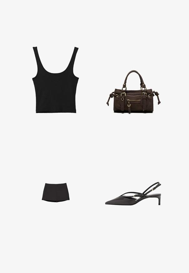 Sort cropped tank top med brede skulderstropper, lavet i blødt materiale, med en glat tekstur og et minimalistisk design.; Sort atletisk skort med tilpasset talje og kort kant, designet til aktivt brug med et glat, elastisk stof.; Sort læder slingback pumpe med spids tå, slanke ankelremme og lav stilettohæl. Glat tekstur med minimalistisk design.; Mørkebrun læderhåndtaske med dobbelte håndtag, forreste lynlåslomme, dekorative spænder og sideknuder på hvid baggrund.