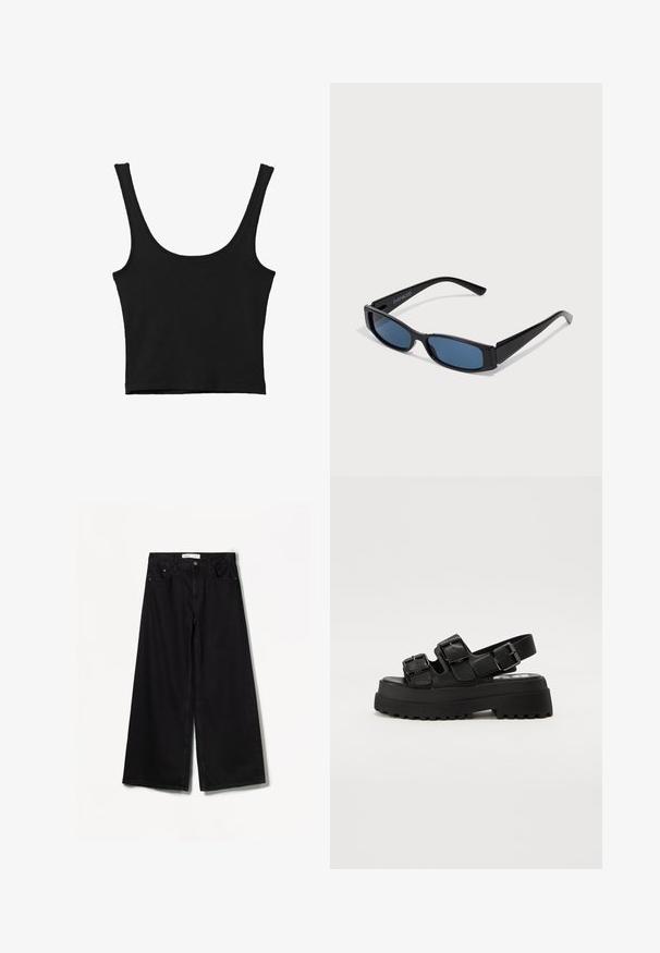 Schwarzes verkürztes Tanktop mit breiten Trägern, aus weichem Material, mit glatter Textur und minimalistischem Design.; Schwarze weit geschnittene Jeans aus Denim. Mit hoher Taille, Vorder- und Gesäßtaschen sowie silberfarbener Hardware an der Knopf- und Reißverschlussöffnung.; Schwarze Plateausandalen mit drei verstellbaren Schnallenriemen, einer strukturierten Sohle und einem glatten Obermaterial. Entworfen mit einer robusten, klobigen Silhouette.; Schwarze Sonnenbrille mit einem eleganten rechteckigen Rahmen und blauen Gläsern. Besitzt eine glatte Oberfläche und robuste Scharniere. Markenlogo an der Seite.