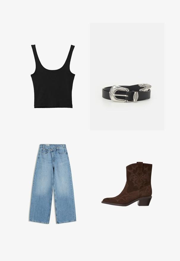 Sort cropped tank top med brede skulderstropper, lavet i blødt materiale, med en glat tekstur og et minimalistisk design.; Lyseblå denim jeans med vide ben, frontknaplukning, bæltestropper og fem-lomme design, lagt fladt på hvid baggrund.; Brune ruskinds cowboystøvle med spids tå, dekorative syninger, ankelhøjde og en stablet hæl. Har en pull tab for nem påtagning.; Sort læderbælte med en stor sølvmetalspænde, der har indviklede detaljer og dekorative accenter i begge ender.
