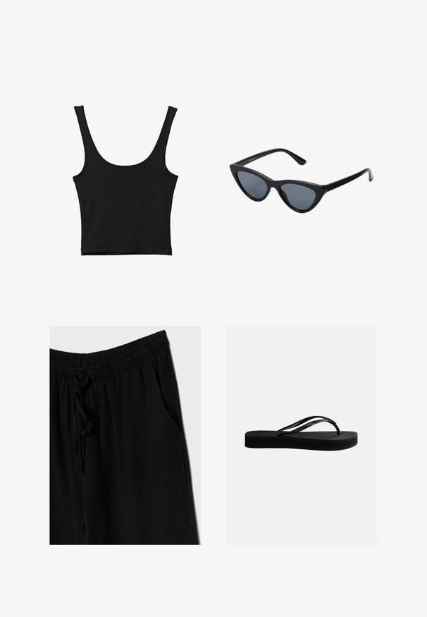 Débardeur noir court avec de larges bretelles, fabriqué à partir d'un matériau doux, présentant une texture lisse et un design minimaliste.; Pantalons noirs avec une taille élastique et un cordon de serrage, offrant une coupe décontractée et des poches latérales. Le matériau semble doux et léger.; Tongs en caoutchouc noir avec semelle texturée et bride en forme de Y, vues de côté sur un fond clair uni.; Lunettes de soleil noires en forme d'œil de chat avec des verres gris foncé, monture en plastique élégante, coins pointus et branches droites. Pas de métal visible ni d'accents.