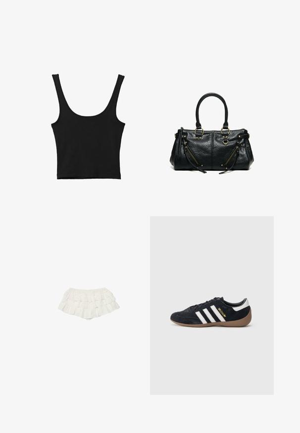 Débardeur noir court avec de larges bretelles, fabriqué à partir d'un matériau doux, présentant une texture lisse et un design minimaliste.; Mini-jupe blanche à volants superposés avec taille élastique, présentant des panneaux de tissu superposés et une texture légère et douce.; Baskets en daim noir avec trois bandes blanches, semelle en caoutchouc beige, et un petit logo doré sur le côté. Dotées d'une doublure intérieure noire lisse.; Sac à main en cuir noir avec deux anses, deux poches zippées inclinées avec des pompons, et des anneaux et clous en métal doré.