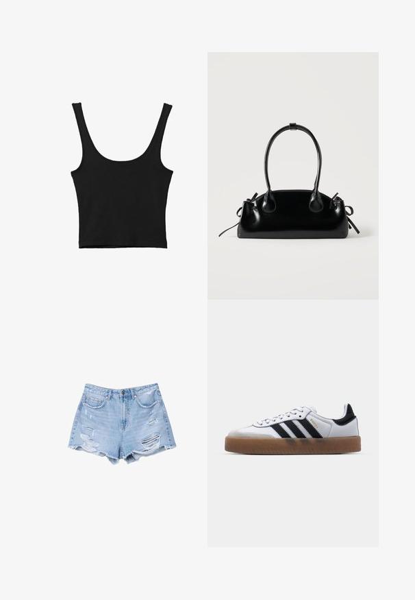 Zwarte gemakkelijke crop top met brede schouderbanden, gemaakt van zachte stof, met een gladde textuur en een minimalistisch ontwerp.; Lichtblauwe denim shorts met rafelige zoom en verwerkte details, voorzien van voorzakken en een knoopsluiting.; Witte leren sneakers met zwarte strepen, gumrubberen buitenzool, ronde neus, vetersluiting en een zachte grijze suède neuskap.; Kleine zwarte glanzende handtas met twee lange hengsels en zijkant trekkoord details op een effen lichte achtergrond.