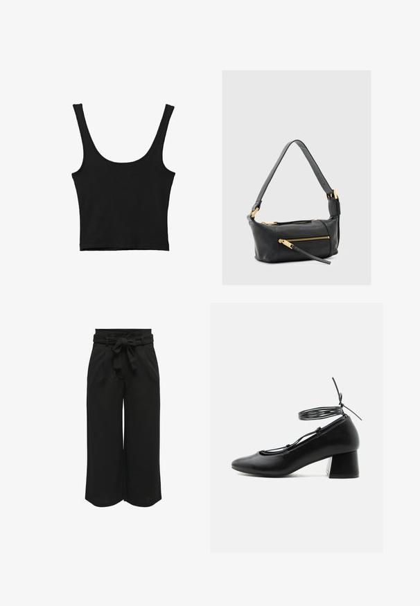 Débardeur noir court avec de larges bretelles, fabriqué à partir d'un matériau doux, présentant une texture lisse et un design minimaliste.; Pantalons larges noirs en tissu léger, dotés d'une ceinture à nouer à la taille et de détails plissés à l'avant pour un ajustement structuré.; Chaussure en cuir noir à talon moyen, bout pointu, brides croisées et lien de cheville autour sur fond blanc.; Sac à bandoulière en cuir noir avec deux poches zippées, détails en métal doré et une large sangle réglable. Texture lisse et forme rectangulaire.
