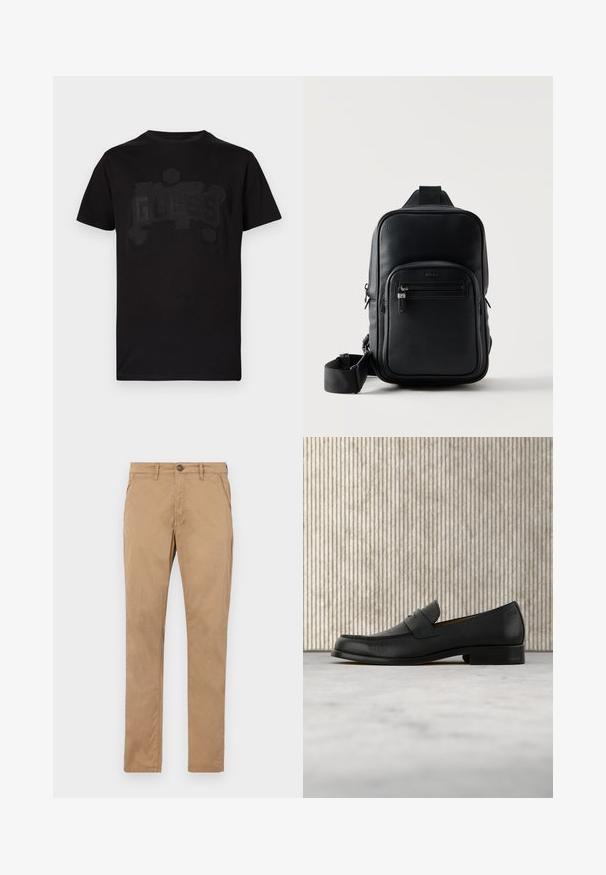 T-shirt en coton noir à manches courtes avec un col rond. Présente un logo "GUESS" ton sur ton embossé, agrémenté d'éléments décoratifs.; Chinos beige à jambes droites en coton. Présentent un bouton à l'avant, une fermeture éclair, et des poches latérales avec une texture lisse et sans motifs visibles.; Mocassin en cuir noir flottant au-dessus d'un tapis beige avec une table ronde brune brillante en arrière-plan.; Sac bandoulière en cuir noir texturé avec poche zippée à l'avant, sangle réglable et logo de marque discret sur fond blanc.