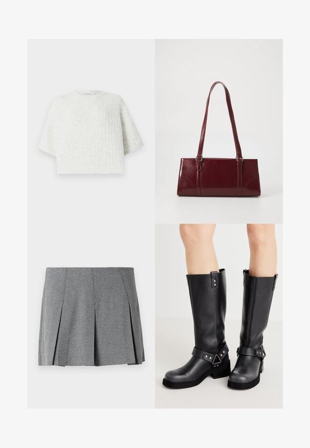 Hvid strikket sweater med rund hals, korte brede ærmer og et tekstureret mønster. Nederkanten er let cropped og fremhæver et hyggeligt design.; Grå plisseret mini-nederdel lavet af tekstureret stof, med et rutenetmønster og en lige skæring med sideslidser.; Sorte læder støvler i knæhøjde med bred skaft, remdetaljer, sølv hardware og flad sål. Glat tekstur med en let glans.; Bordeaux håndtaske lavet af glansfuldt materiale, rektangulær form, med to skulderremme og subtile buede detaljer på forsiden.