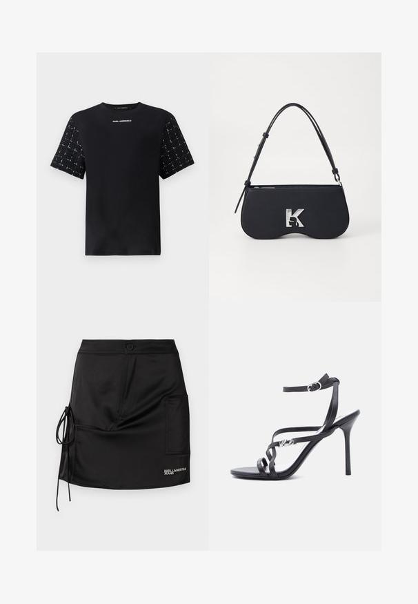 Camiseta negra con un cuerpo liso y mangas cortas texturizadas y con patrón. Logo "Karl Lagerfeld" impreso en el pecho en blanco.; Falda corta negra de satén con cierre de botones, detalle de lazo lateral y un bolsillo parche con la marca "KARL LAGERFELD JEANS".; Sandalia negra de tacón alto con tiras finas, hebilla en el tobillo y detalle de logo metálico en la tira lateral, sobre un fondo blanco.; Bolso negro con forma curva, material texturizado, logotipo plateado y una correa delgada. Cierre superior con cremallera y características de diseño minimalista.