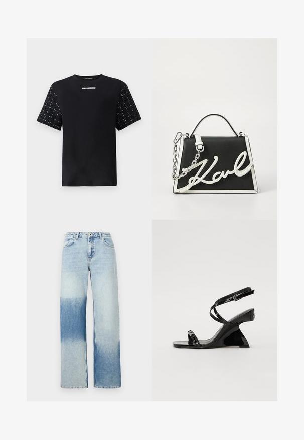 Zwarte t-shirt met een effen lichaam en gestructureerde, gemusterde korte mouwen. "Karl Lagerfeld" logo in het wit gedrukt op de borst.; Lichtblauwe denim jeans met een wijde pasvorm, met een kleurverloop van licht naar donkerblauw, vijf zakken en knoopsluiting.; Zwarte gepatineerde leren wedge sandaal met een slanke, open teenontwerp, dunne enkelriemen en een decoratieve gespsluiting.; Zwarte leren handtas met witte accenten. Beschikt over een kettingriem, gestructureerde vorm en een opvallend wit logo-detail. Glad textuur.
