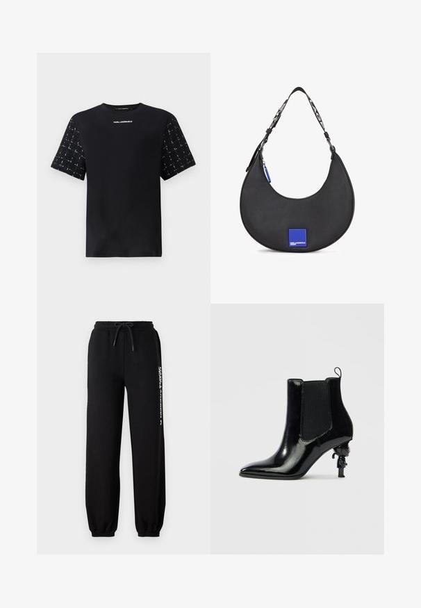 Camiseta negra con un cuerpo liso y mangas cortas texturizadas y con patrón. Logo "Karl Lagerfeld" impreso en el pecho en blanco.; Pantalones de chándal negros con cinturilla elástica, cordón ajustable y puños ceñidos. Presenta un logo blanco impreso en el lado izquierdo.; Botín de charol negro con paneles laterales elásticos, punta afilada y un diseño único de tacón escultórico que presenta una pequeña figura.; Bolso de hombro de cuero negro con una silueta curva, que presenta un acento de logo cuadrado azul y una correa de contraste con texto.