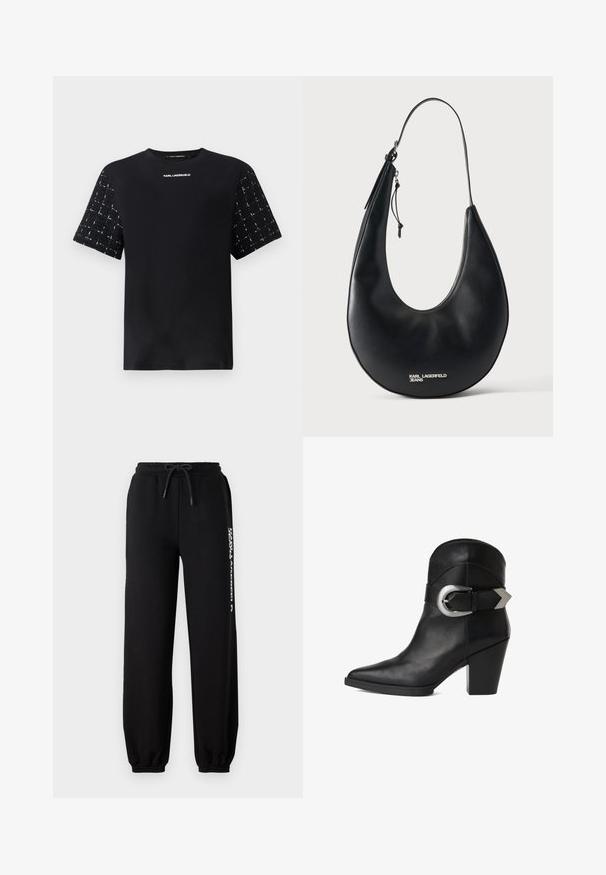 Sort t-shirt med ensfarvet krop og teksturerede, mønstrede korte ærmer. "Karl Lagerfeld" logoet trykt på brystet i hvid.; Sorte sweatpants med elastisk talje, justerbar snor og tætsiddende manchetter. Har et hvidt logo trykt på venstre side.; Sort læder ankelsko med spidse tæer, kraftig hæl og en bred rem med en cirkulær sølvspænde på siden. Glat tekstur.; Sort skuldertaske i læder formet som en halvmåne med tynd rem og sølv lynlås, med "KARL LAGERFELD JEANS" sølvlogo foran.