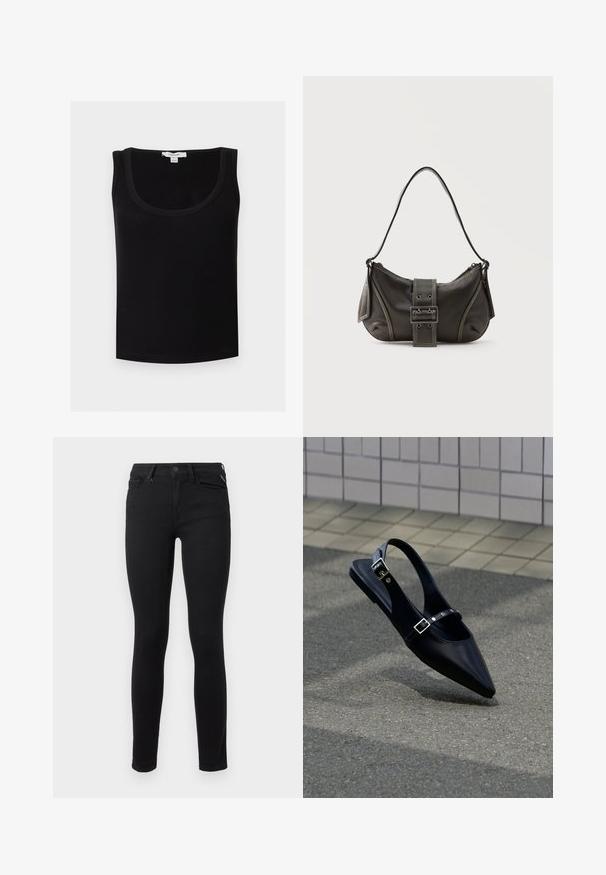 Sort ribbet ærmeløs top med rund halsudskæring, mærket "Topshop," vist på hvid baggrund.; Sorte skinny jeans lavet af stræk denim. Har et klassisk fem-lomme design og standard metalknaplukning i taljen.; Sort flad slingback med spids tå og dobbelte spænder, hvilende på grå asfalt nær flisevæg.; Sort læder skuldertaske med spænde på remmen, afrundede kanter og kontrasterende hvide syninger på en ensfarvet baggrund.